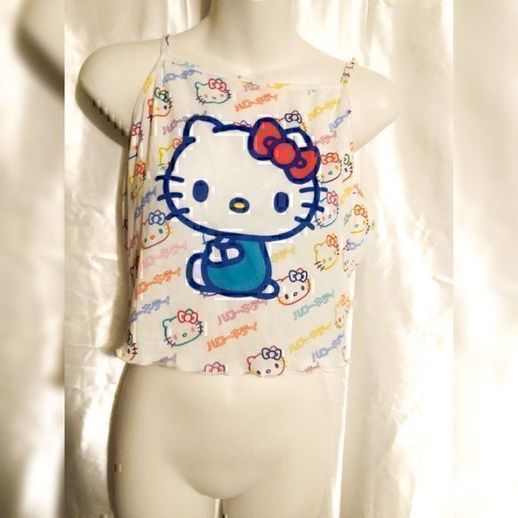Hello Kitty Monogram Cropped Chinese Japanese Writing White Tank Top 1XL - Picture 1 of 2